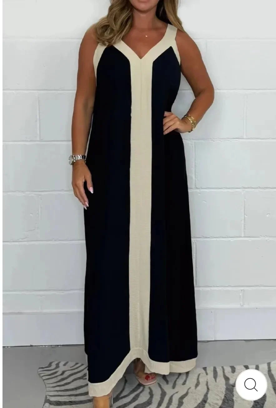 Sexy  V-Neck Color Blocking Tank Loose-Fit Waist Long Dress