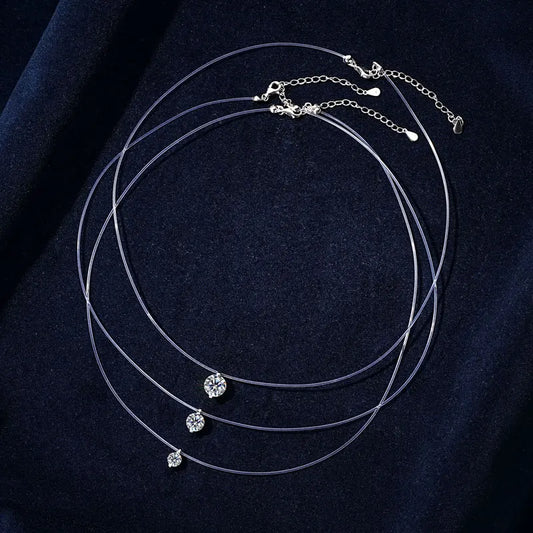 Silver Solitaire Necklace for Women Invisible Fish Line Chain