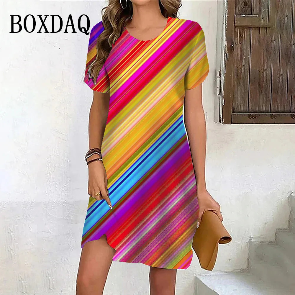 Gradient Rainbow Stripe Short Sleeve Dress O-Neck Print Loose Party Clothes