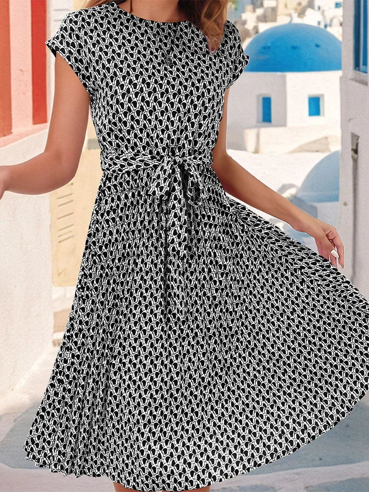 Women O Neck Pleated Medium Long Dress Fashion Print Lace-up Dress
