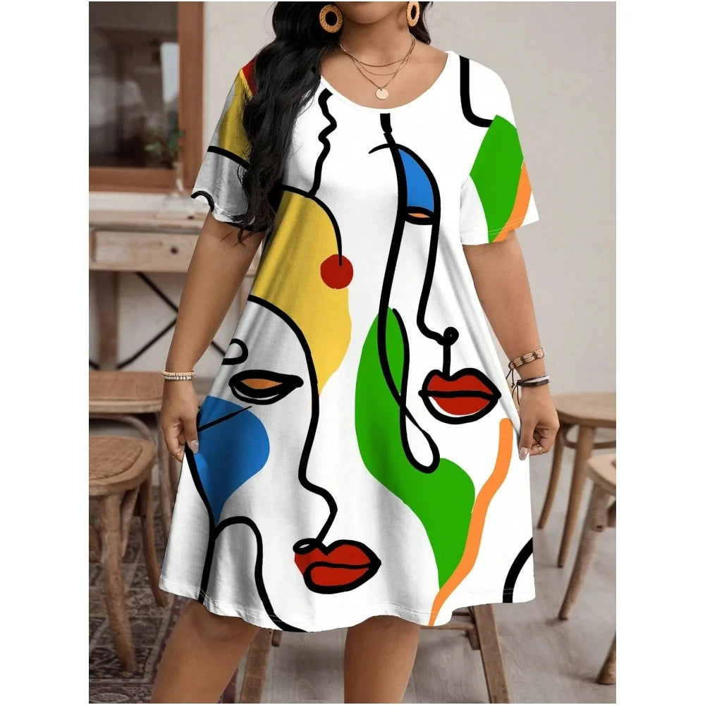 Streetwear Pattern Print Summer Dress Casual Short Sleeve Plus Size 9XL