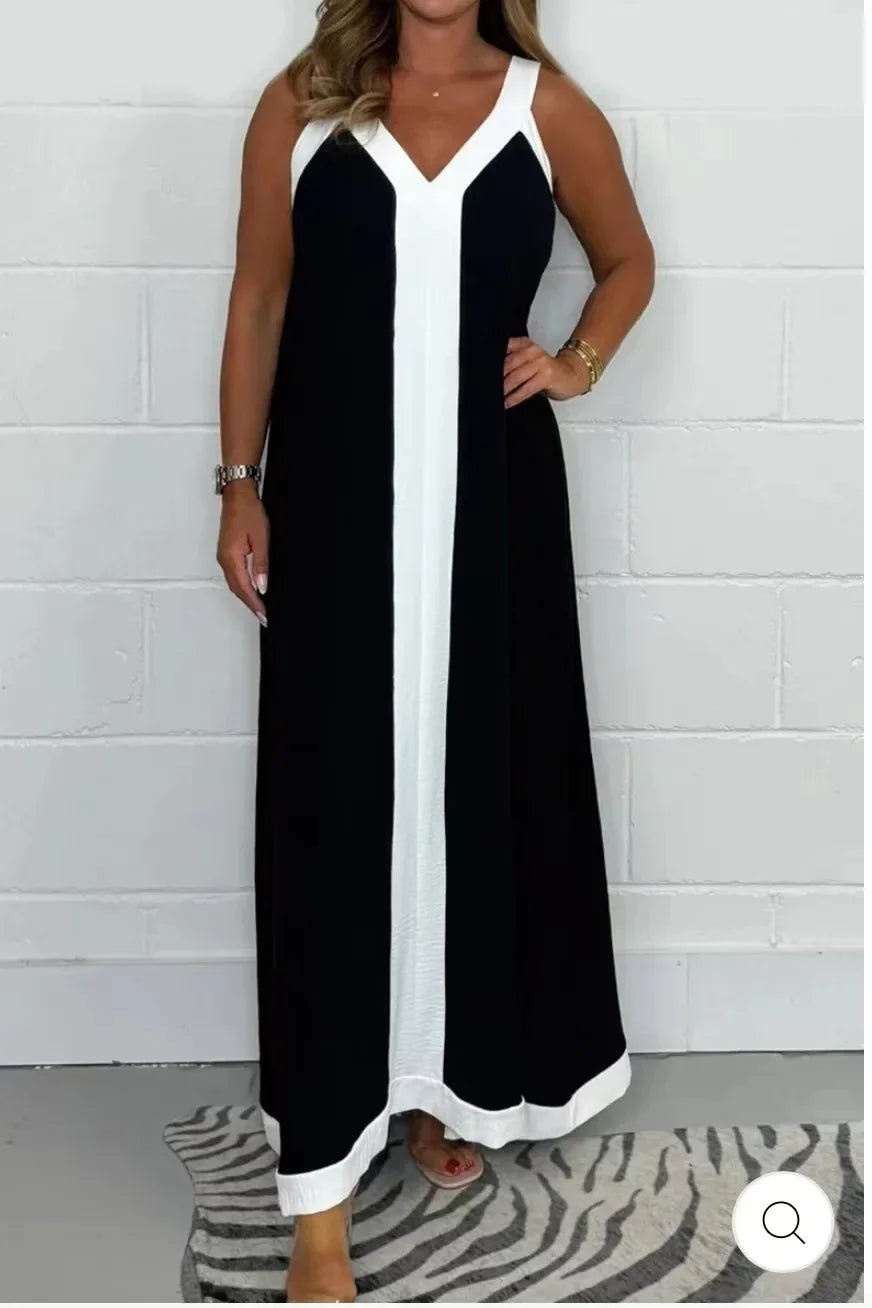Sexy  V-Neck Color Blocking Tank Loose-Fit Waist Long Dress