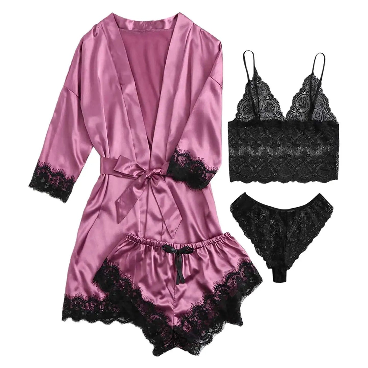 4 Pieces Lace Satin With Silk Sleepwear Robe Comfortable Nightwear