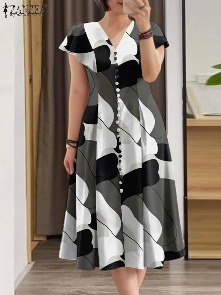 Short Sleeve V-Neck Robe Casual Holiday Sun dress Elegant Fitted Wiast