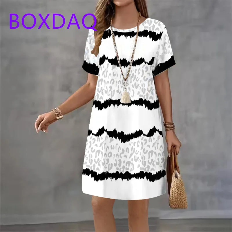Geometric Stripe Printed Short Sleeve O-Neck Dress