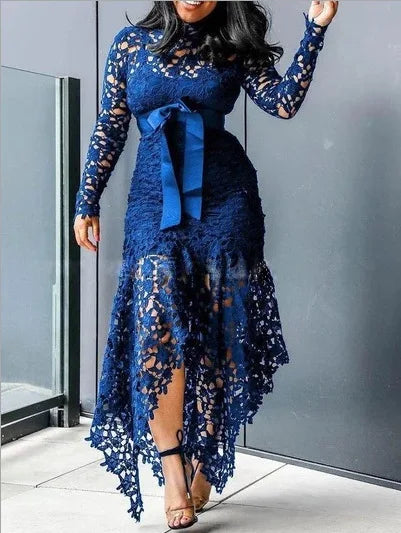 French Lace Bubble Sleeves Waist Cinching Slimming Dress Elegant Long Dress