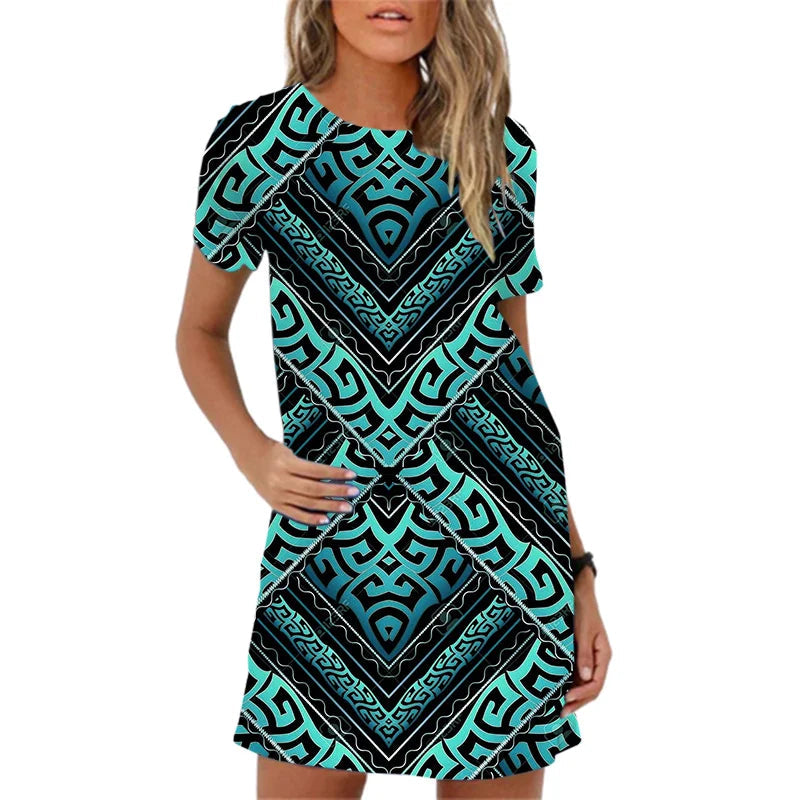 Summer Short Sleeve Mini Dress Vintage Geometric Pattern