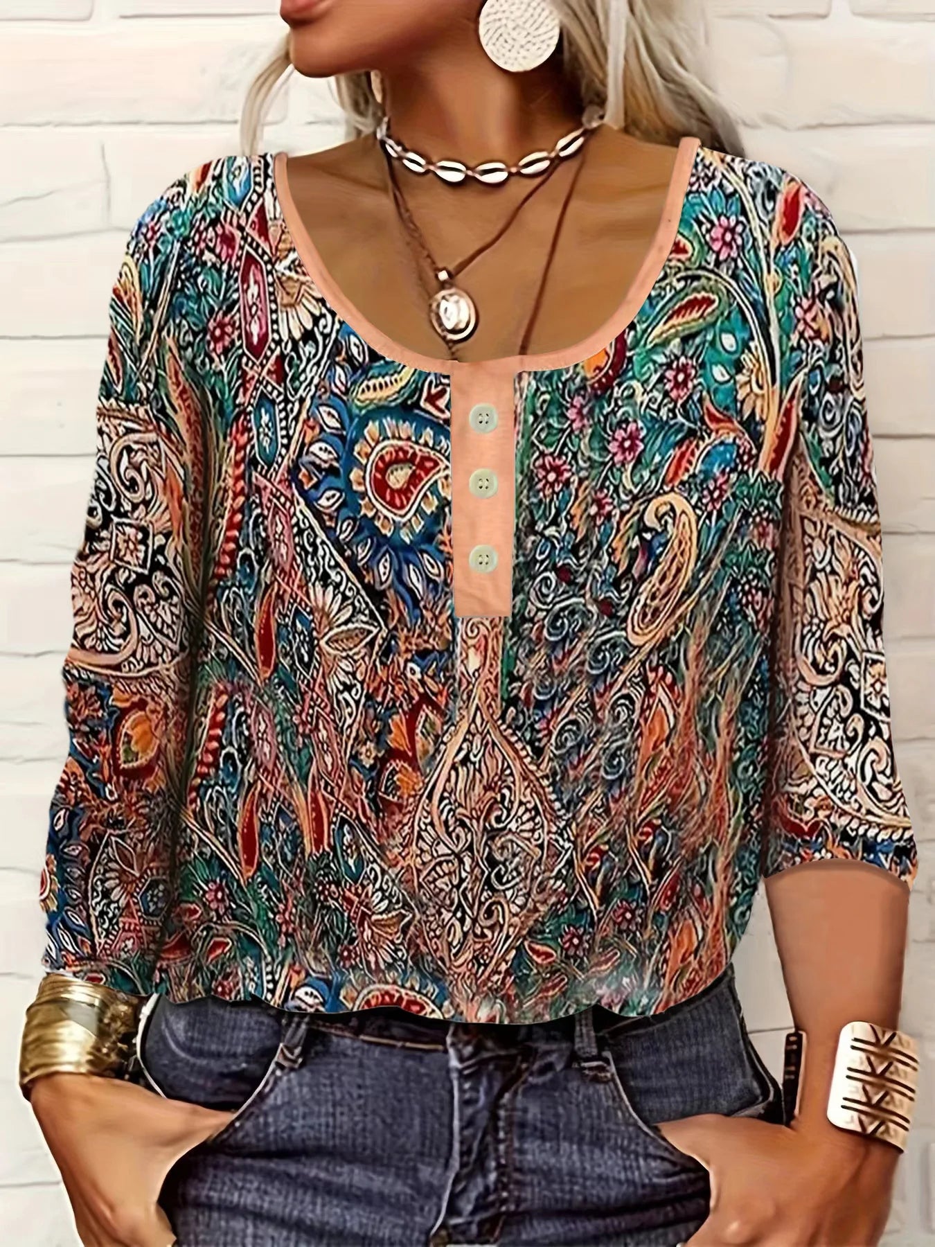 thin button ethnic print plus size women's long-sleeved T-shirt