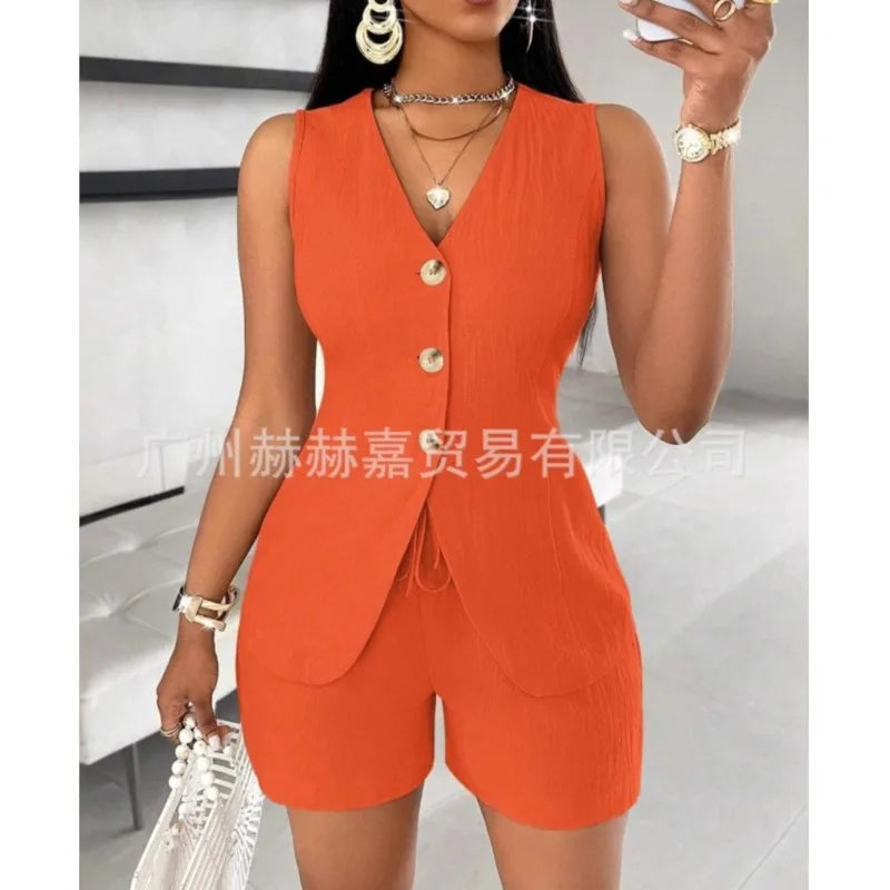 Cotton Linen Shorts Sets Solid Color V-Neck Slim Tops Office Lady Shorts Suits