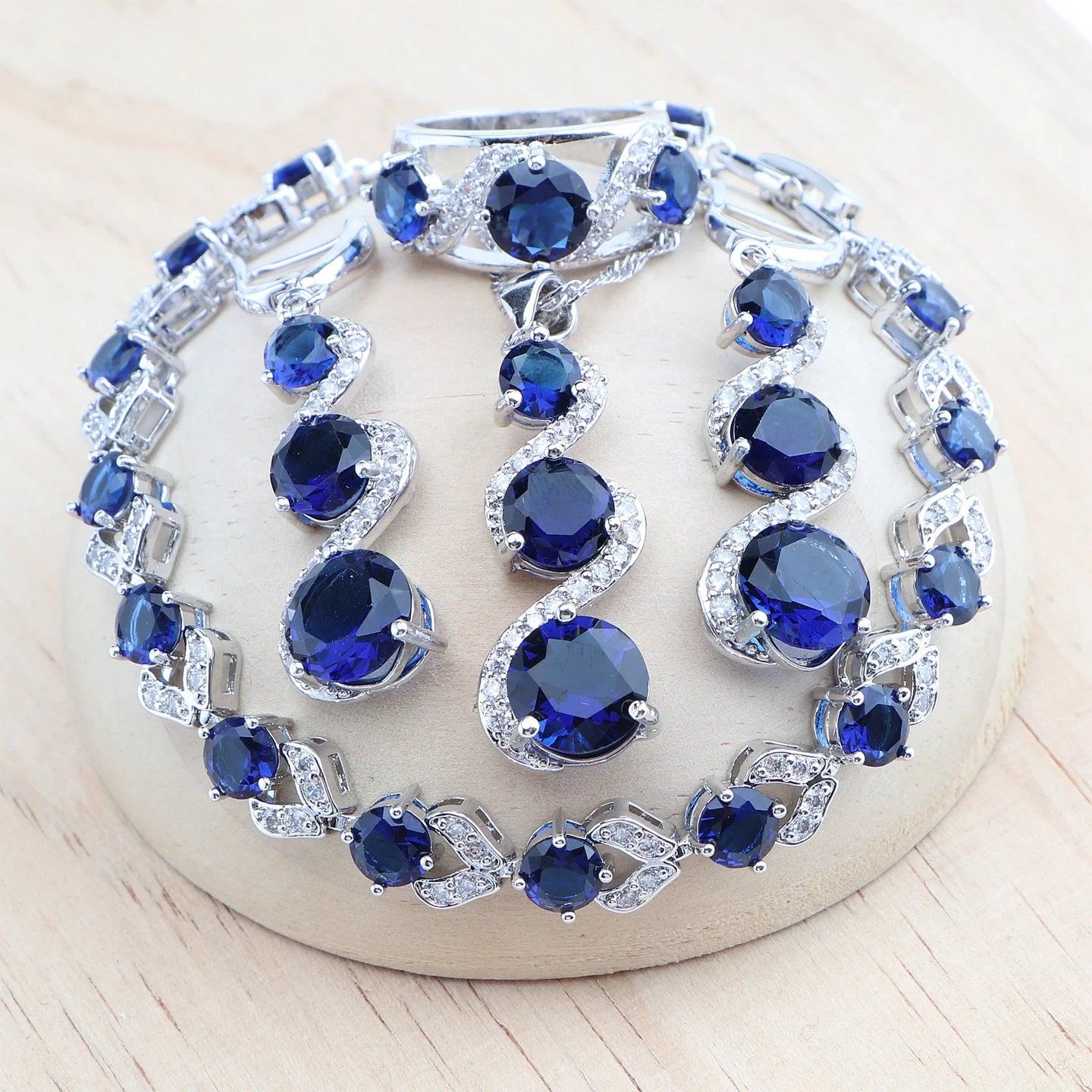 Round Pink Zircon Bridal Silver, Bracelets Earrings Rings Pendant Wedding Necklace 4Set