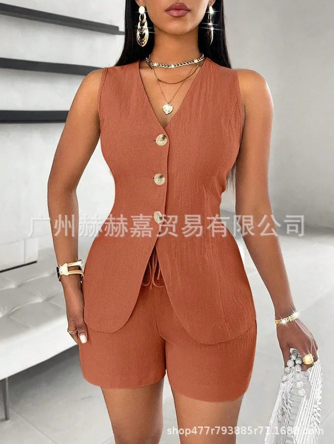 Cotton Linen Shorts Sets Solid Color V-Neck Slim Tops Office Lady Shorts Suits