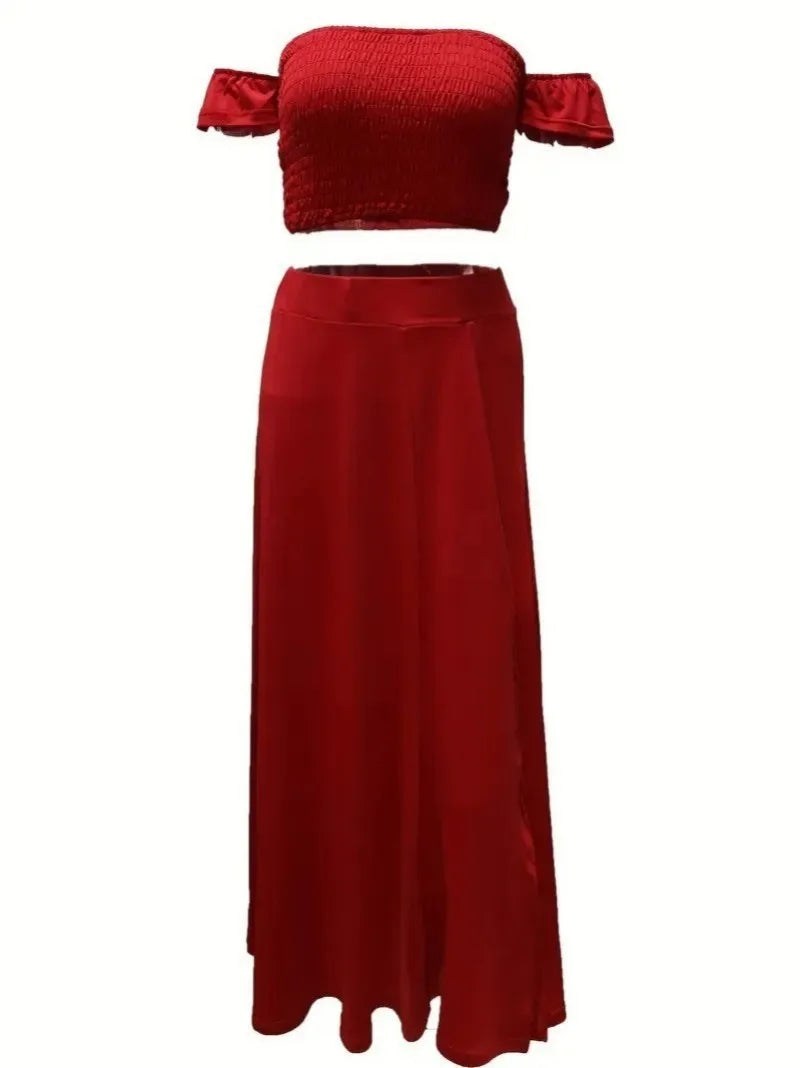 Bohemian Two-piece Set Women's Off-shoulder Elastic Solid Color Vest With feather Print High Waist Slit Skirt Set