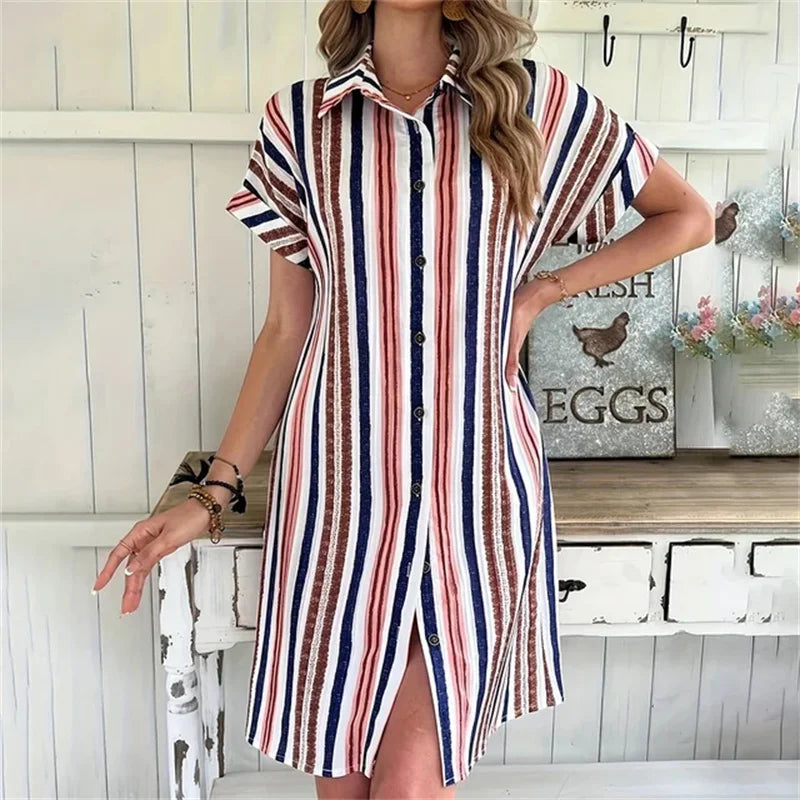 Summer Lapel Loose Short Sleeved Button Striped Dress