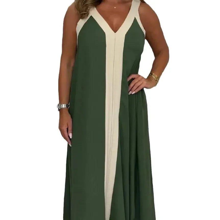 Sexy  V-Neck Color Blocking Tank Loose-Fit Waist Long Dress