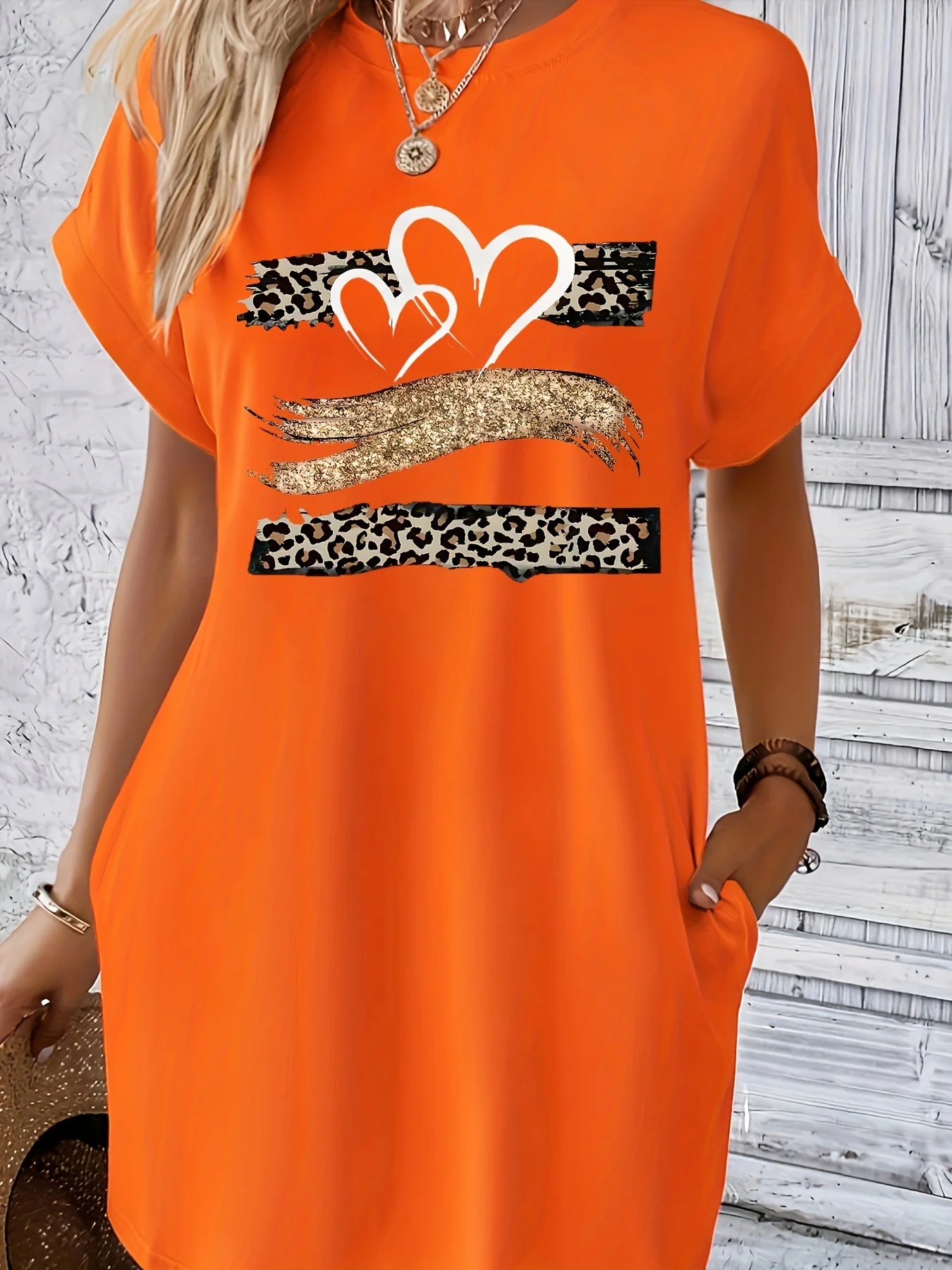 Knit TShirt Dress with Heart  Print Crew Neck Short Sleeve Fashionable