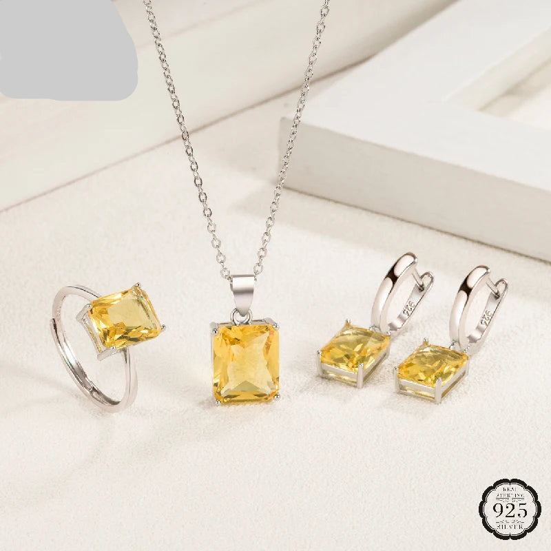 Jewelry Set Earrings Ring Pendant Necklace Rectangle Shape Zircon 925 Silver Accessories for Women Wedding Party Gifts