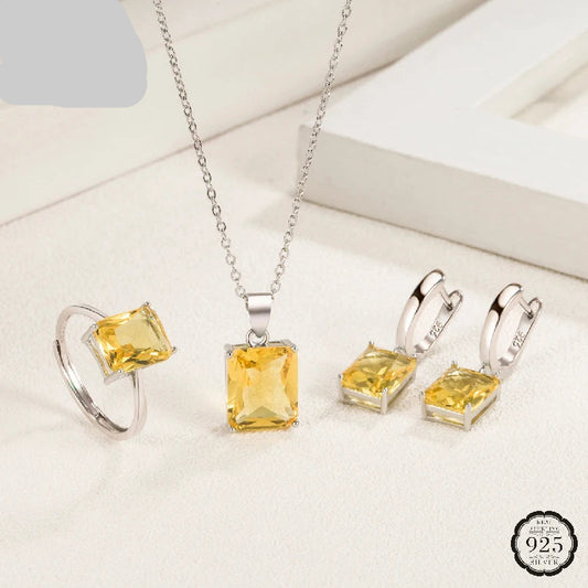 Jewelry Set Earrings Ring Pendant Necklace Rectangle Shape Zircon 925 Silver Accessories for Women Wedding Party Gifts