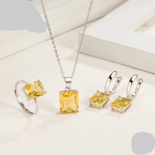 Jewelry Set Earrings Ring Pendant Necklace Rectangle Shape Zircon Silver