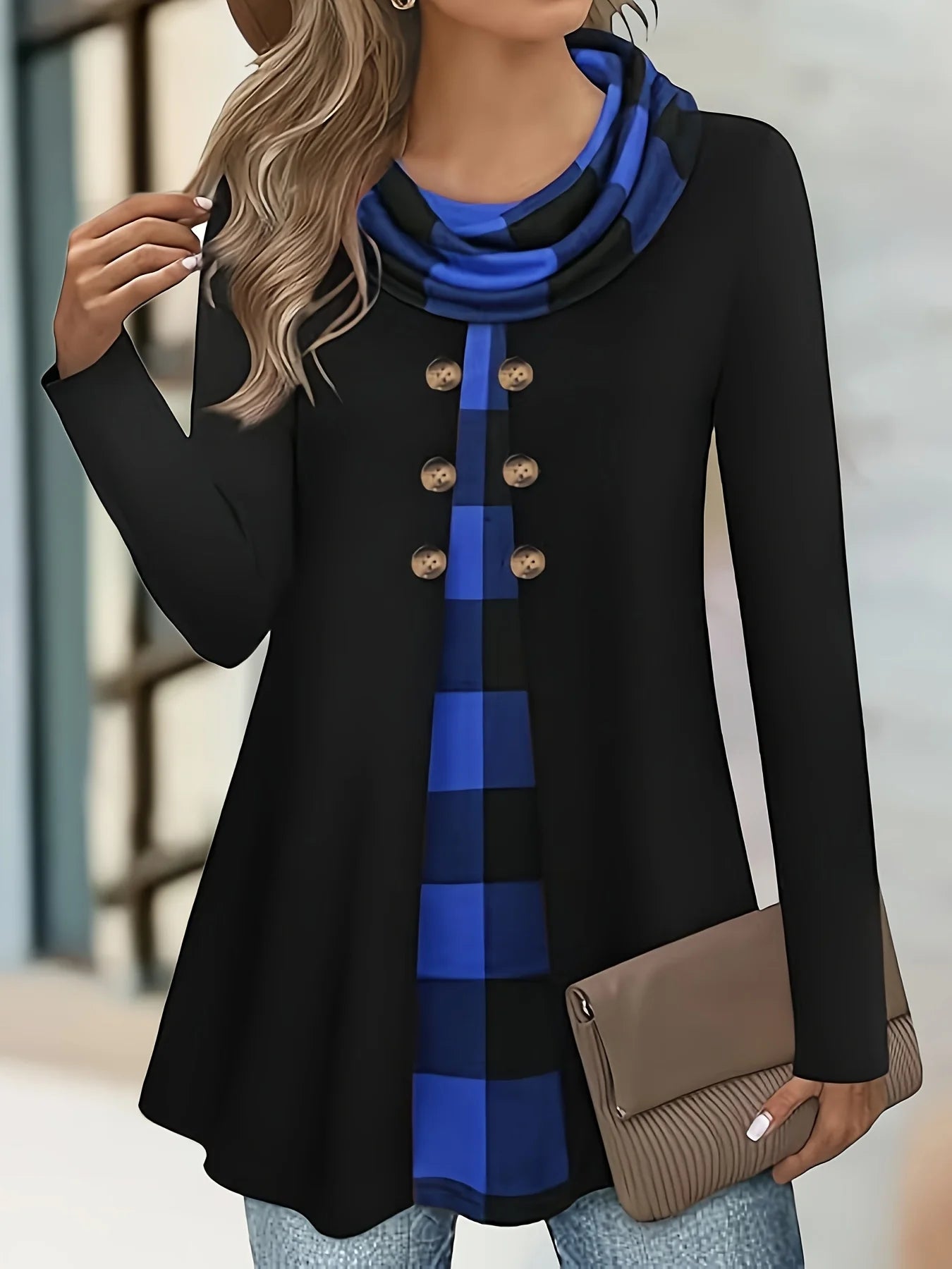 two-piece pleated scarf wild button plus size women's thin long-sleeved T-shirt