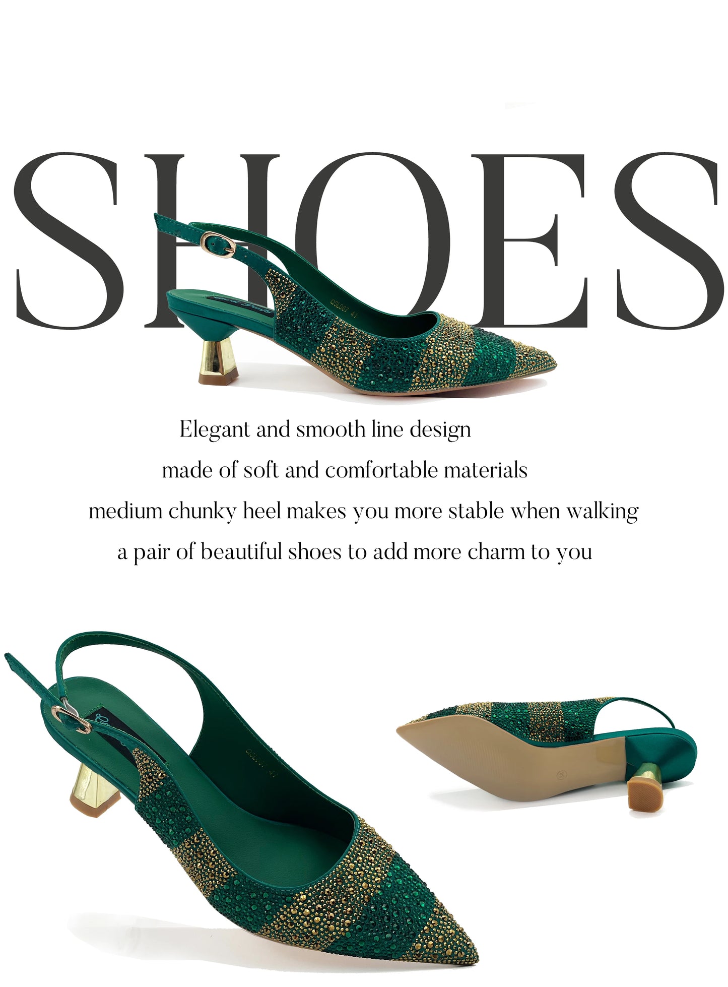 Italian Design Green Shoes And Bag Set Decorated with Rhinestone Handbag Wedding Party