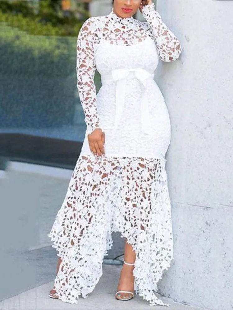 French Lace Bubble Sleeves Waist Cinching Slimming Dress Elegant Long Dress