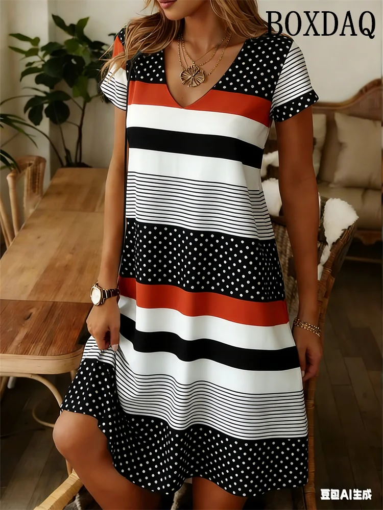 Elegant Fashion Polka Dot Striped Dress Summer Clothing Plus Size Casual V-Neck