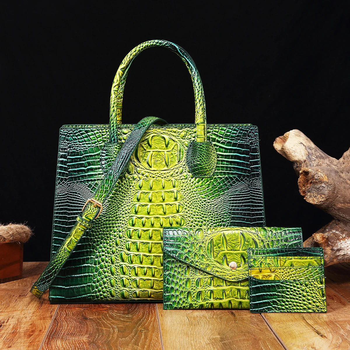 3 set Crocodile Pattern Handbag & Purses Set, Multi-functional Vintage Top Handle Crossbody Bag & Business Clutch Bag