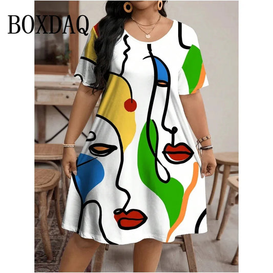 Streetwear Pattern Print Summer Dress Casual Short Sleeve Plus Size 9XL