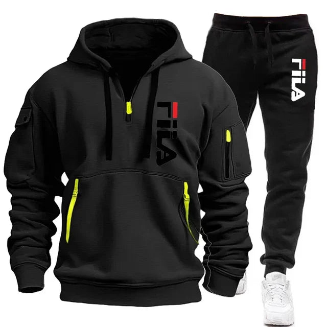 men hooded sweatshirt + Trouser, outdoor multi-pocket men's pullover sportswear set