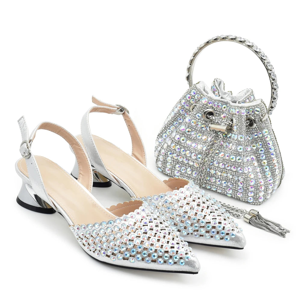 Italian Shoes with Matching Bags Set Decorated with Rhinestone