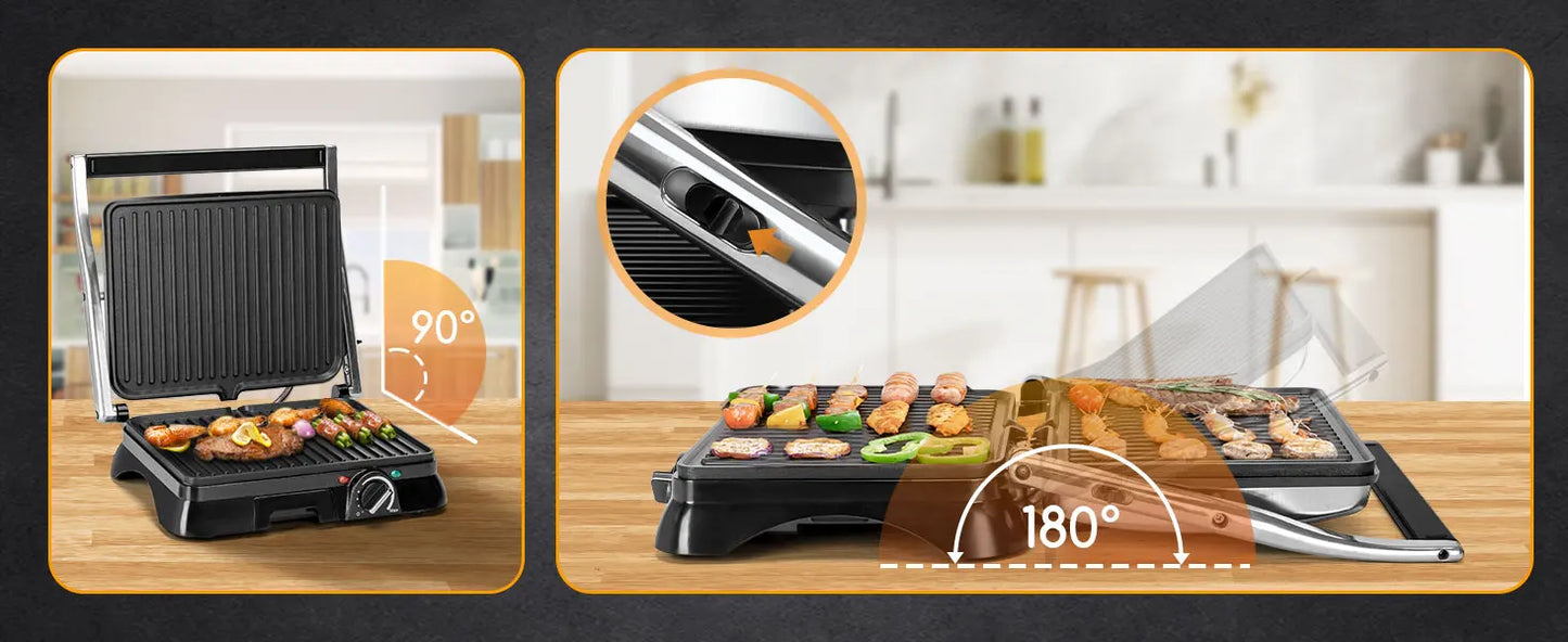 Electric Grill, Sandwich Maker, Non-Stick Coating, Temperature Regulator, 180º Opening, Bpa Free, 2000W