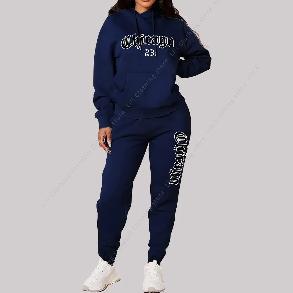 Women's Sets Hoodies Pants 2 Piece Outfits Chicago Graphic Letter Print