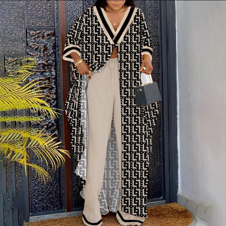 Elegant V-neck Button-up Printed Seven-quarter Sleeve Blouses