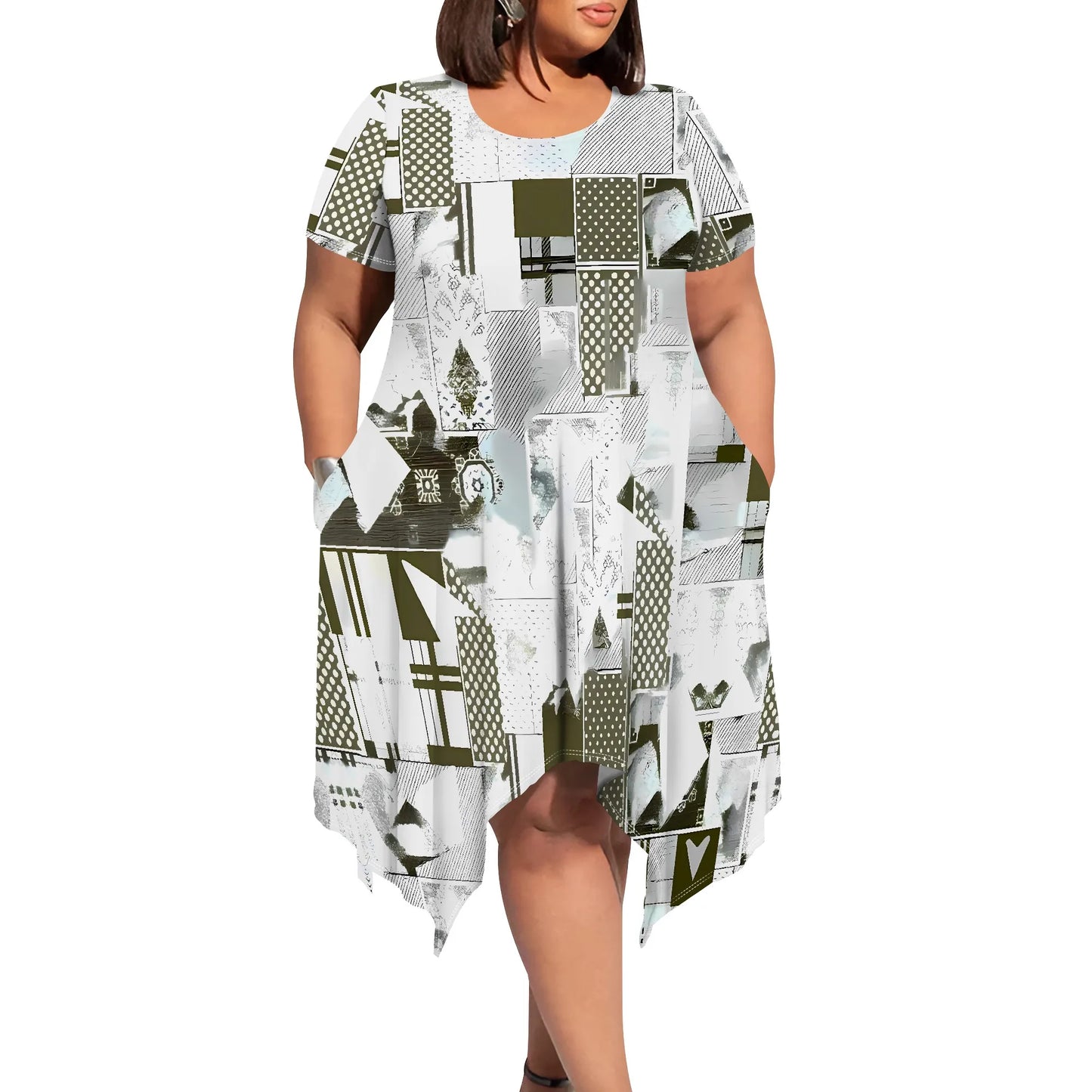 Eclectic Patchwork Abstract Round-Neck Short-Sleeve Dress