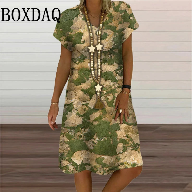 Camouflage Print Midi Dress V-Neck Summer Clothing