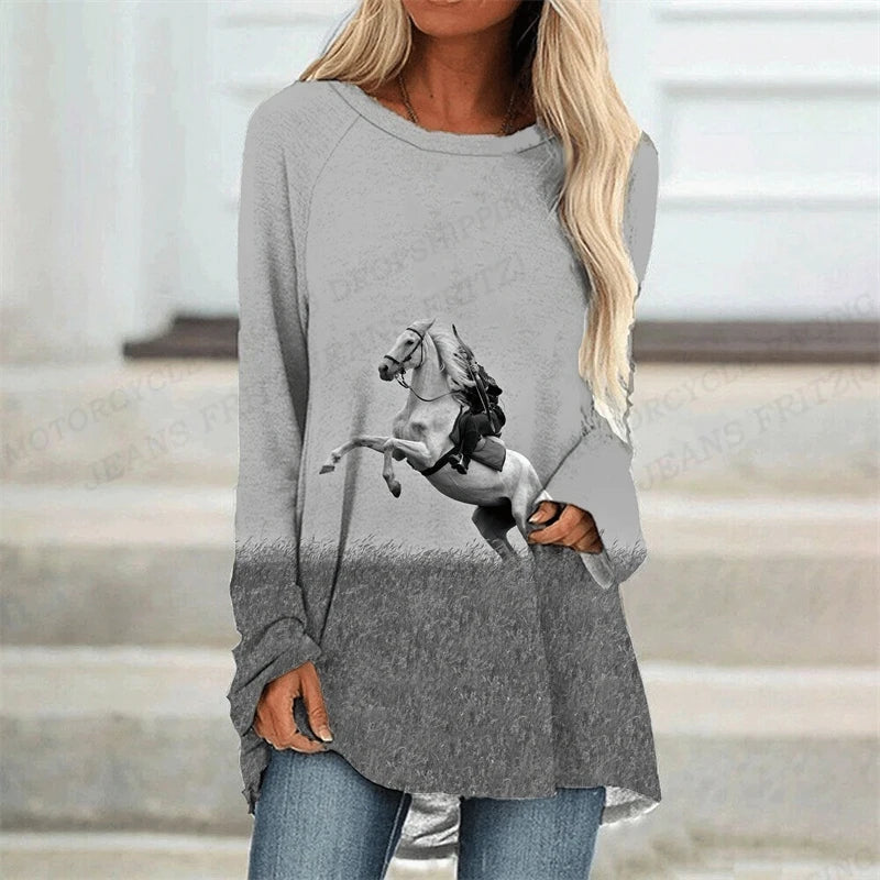 Horse T Shirt Long Sleeve Tops Tees Ladies