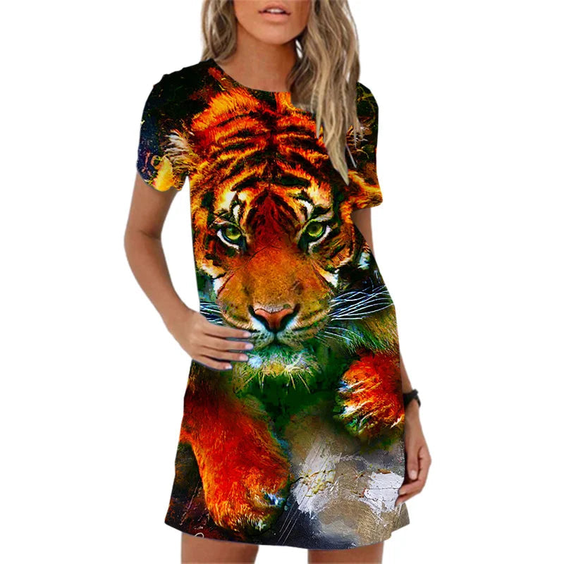 Tiger Pattern Printing Short Sleeve  Summer  Mini Dress