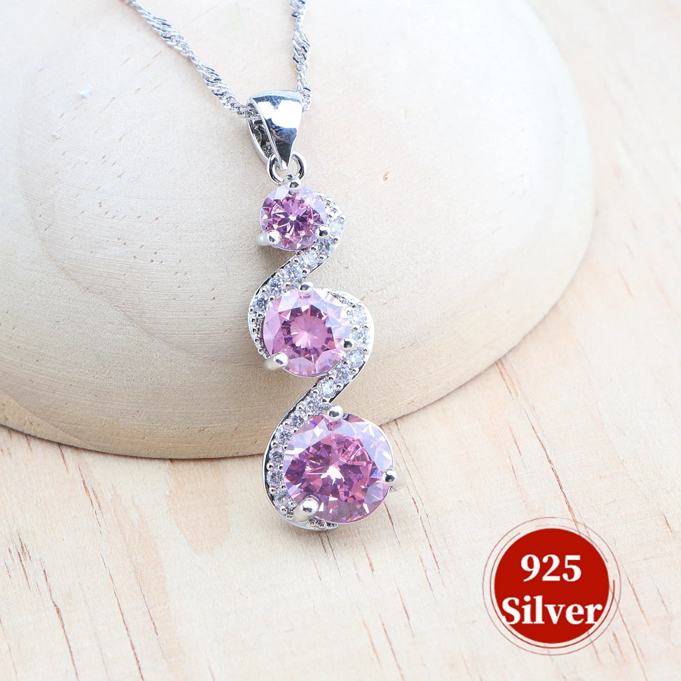 Round Pink Zircon Bridal Silver, Bracelets Earrings Rings Pendant Wedding Necklace 4Set
