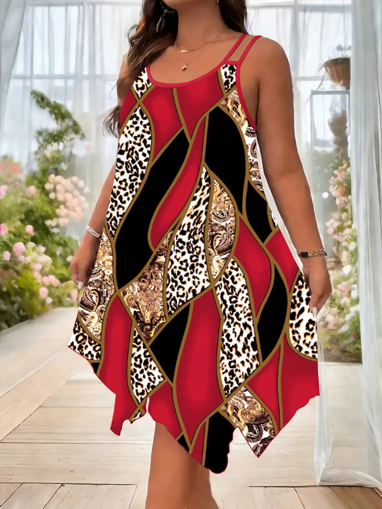Plus-size women's fashion asymmetrical geometric stripes printed double strap dress