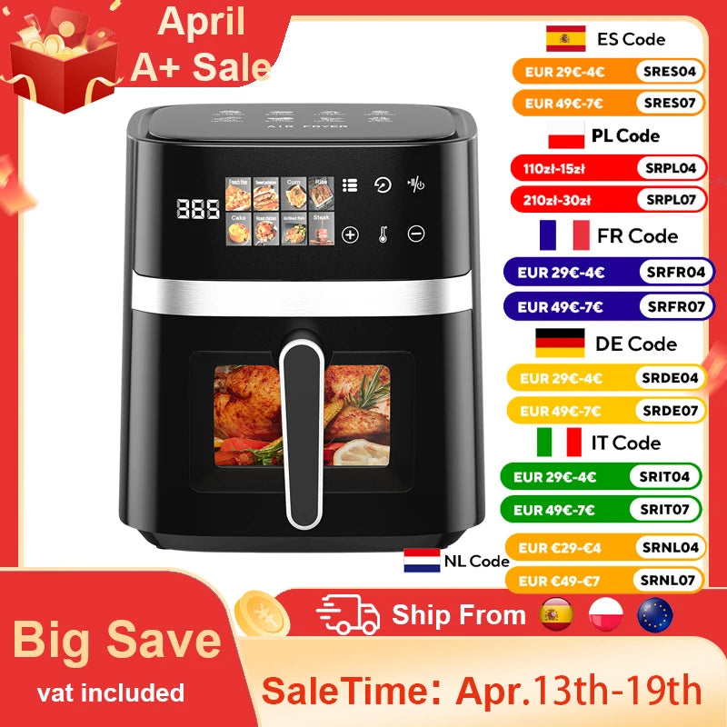 Patbrela 5.5L Air Fryer 8-in-1 Electric Hot Oven with Digital LED Screen Visible Window Max 200°C 1350W New Black Non-fat fryer