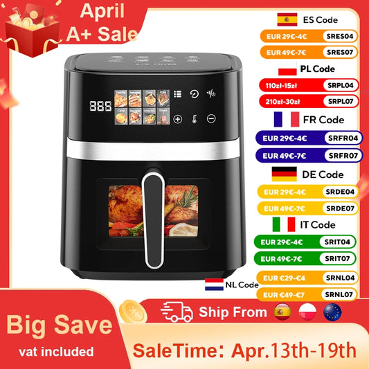 Patbrela 5.5L Air Fryer 8-in-1 Electric Hot Oven with Digital LED Screen Visible Window Max 200°C 1350W New Black Non-fat fryer