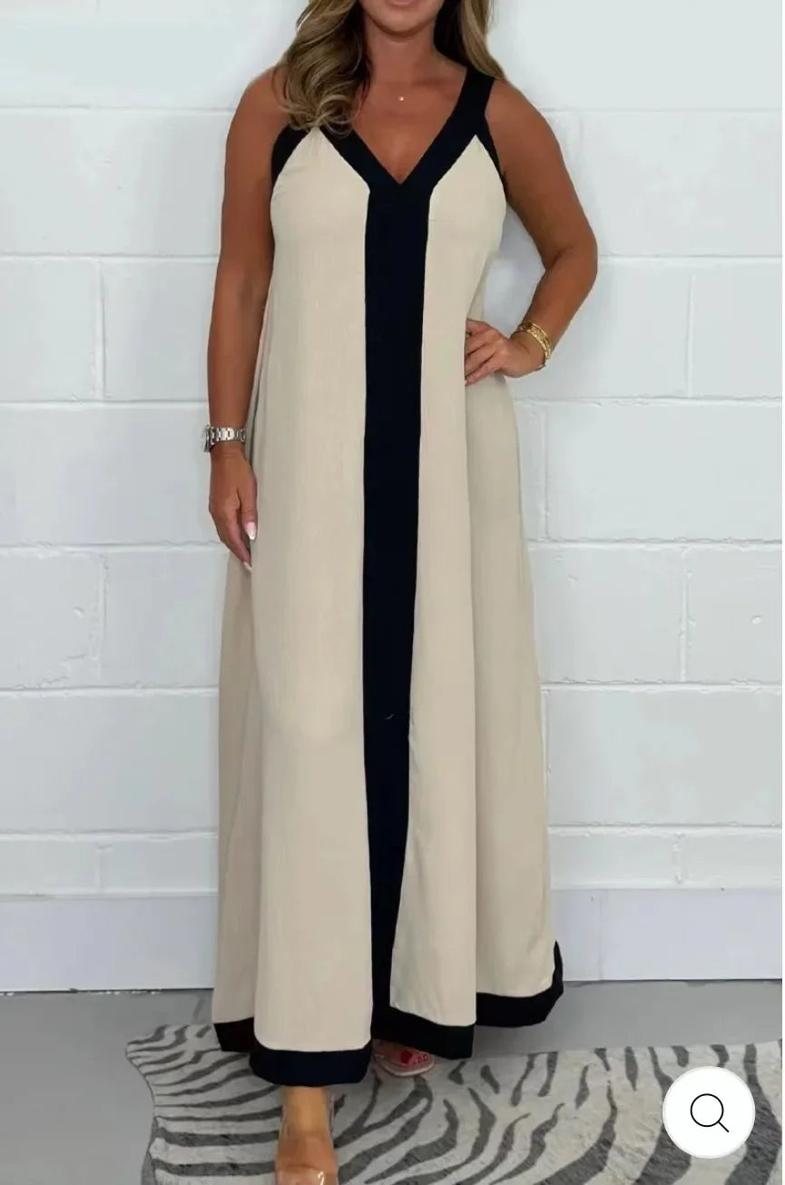 Sexy  V-Neck Color Blocking Tank Loose-Fit Waist Long Dress