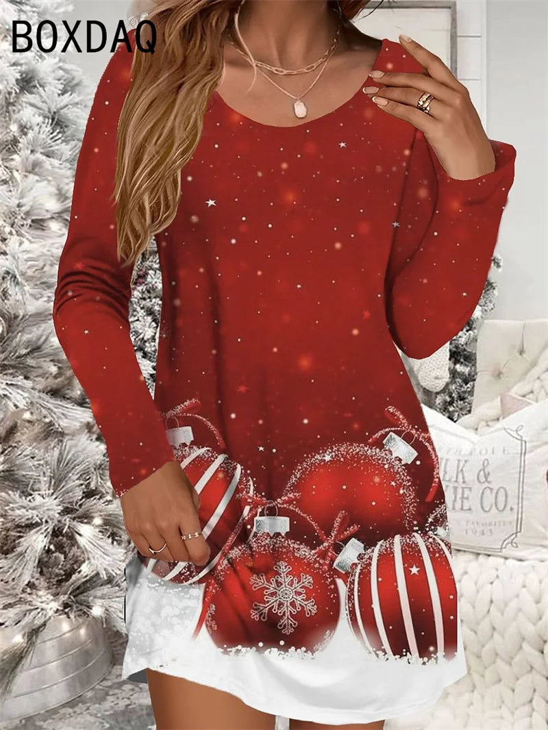 Christmas Snowflake Print Mini Dress Long Sleeve O-neck