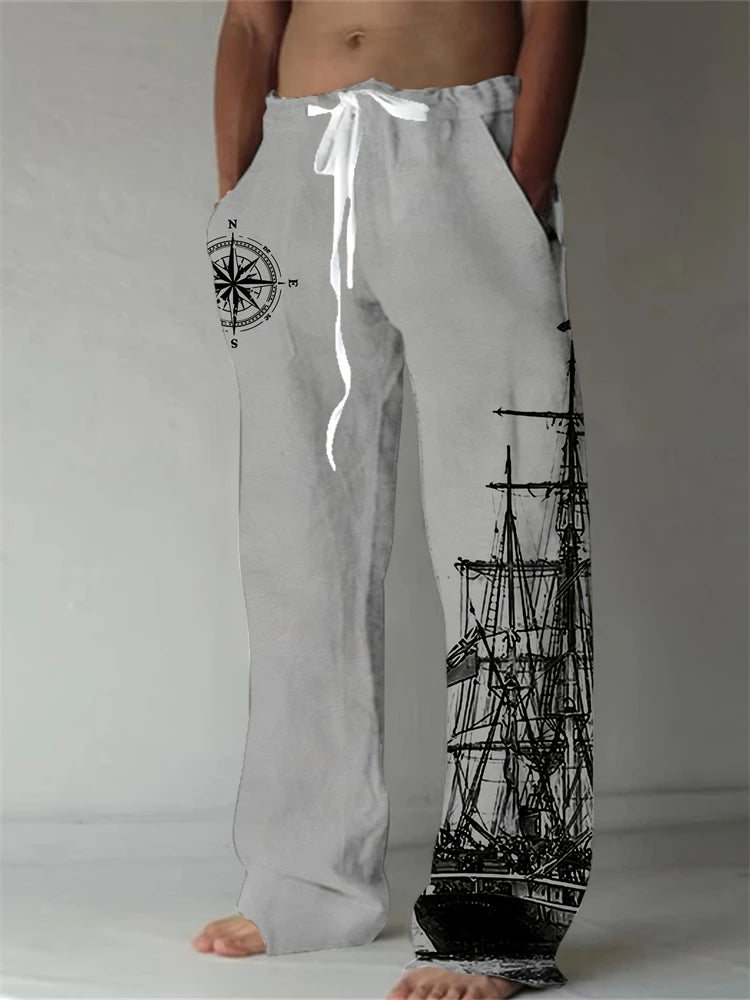 Summer Oversized New Men's Bohemian Wide Leg Pants 3D Retro Splicing Printed Loose Casual Beach Pants