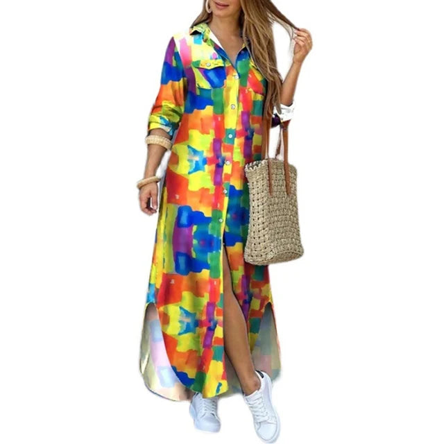 Long Sleeve  Pocket Button Print Shirts Dress