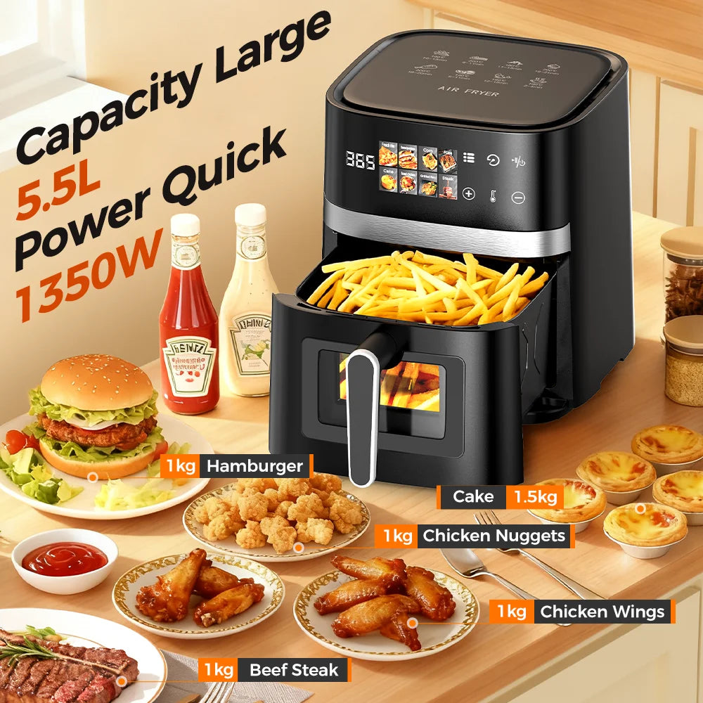 Patbrela 5.5L Air Fryer 8-in-1 Electric Hot Oven with Digital LED Screen Visible Window Max 200°C 1350W New Black Non-fat fryer