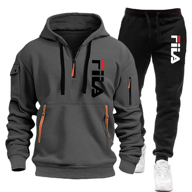 men hooded sweatshirt + Trouser, outdoor multi-pocket men's pullover sportswear set