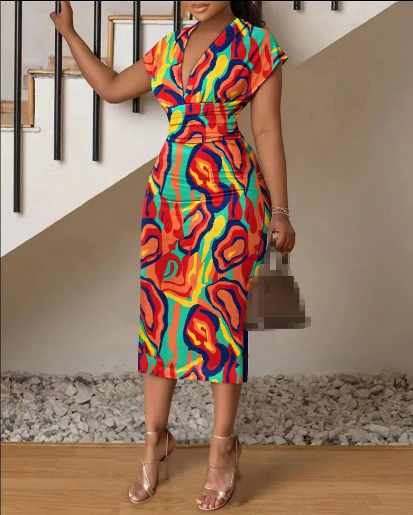 New V-neck Slim Hip-hugging Sexy Printed