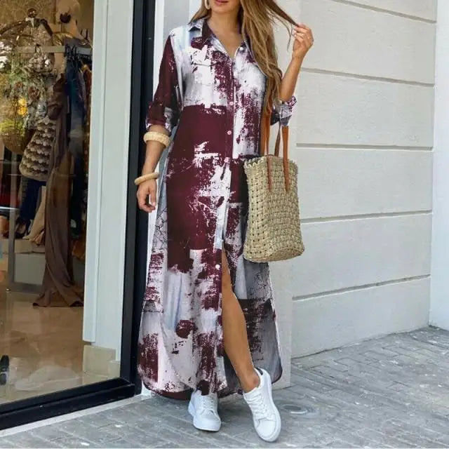 Long Sleeve  Pocket Button Print Shirts Dress