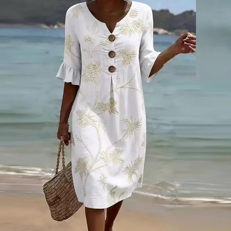 Elegant V Neck Half Sleeve Button Midi Holiday Dress